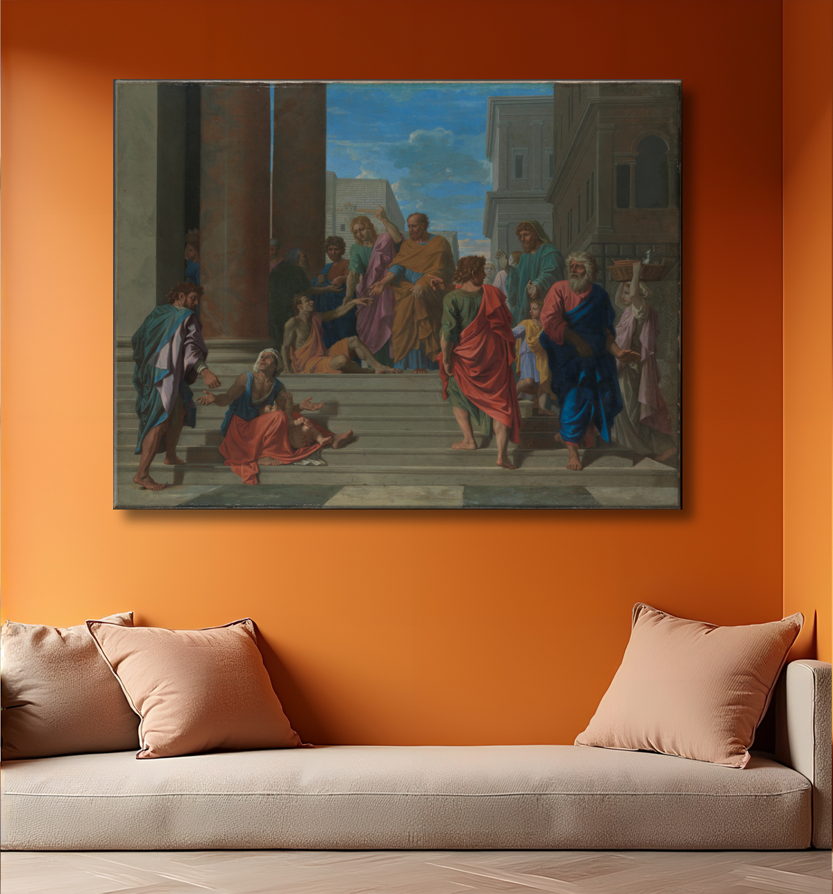 Reproduction Saints Pierre et Jean guérissant le boiteux de Nicolas Poussin avec decor