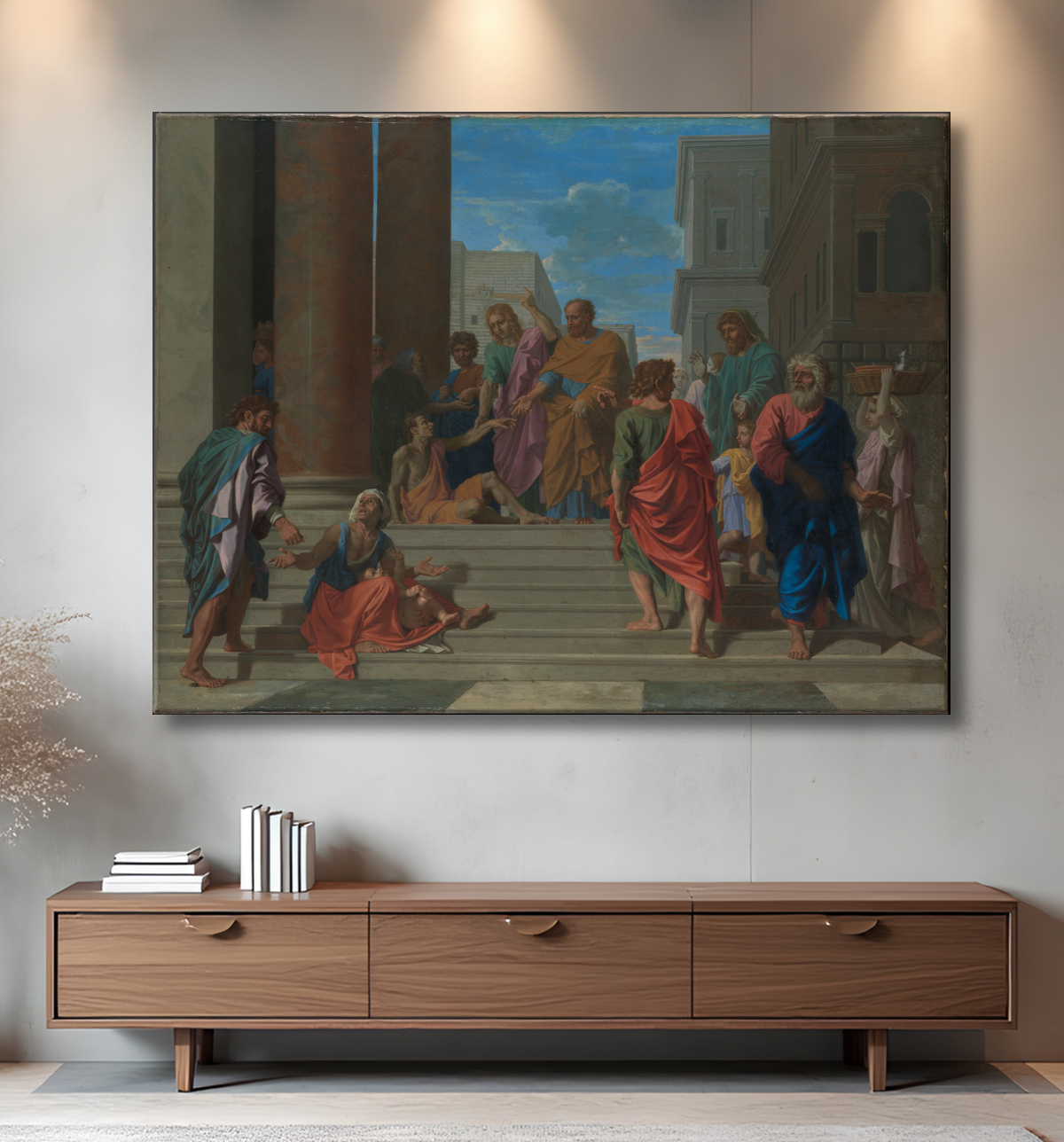 Reproduction Saints Pierre et Jean guérissant le boiteux de Nicolas Poussin avec decor