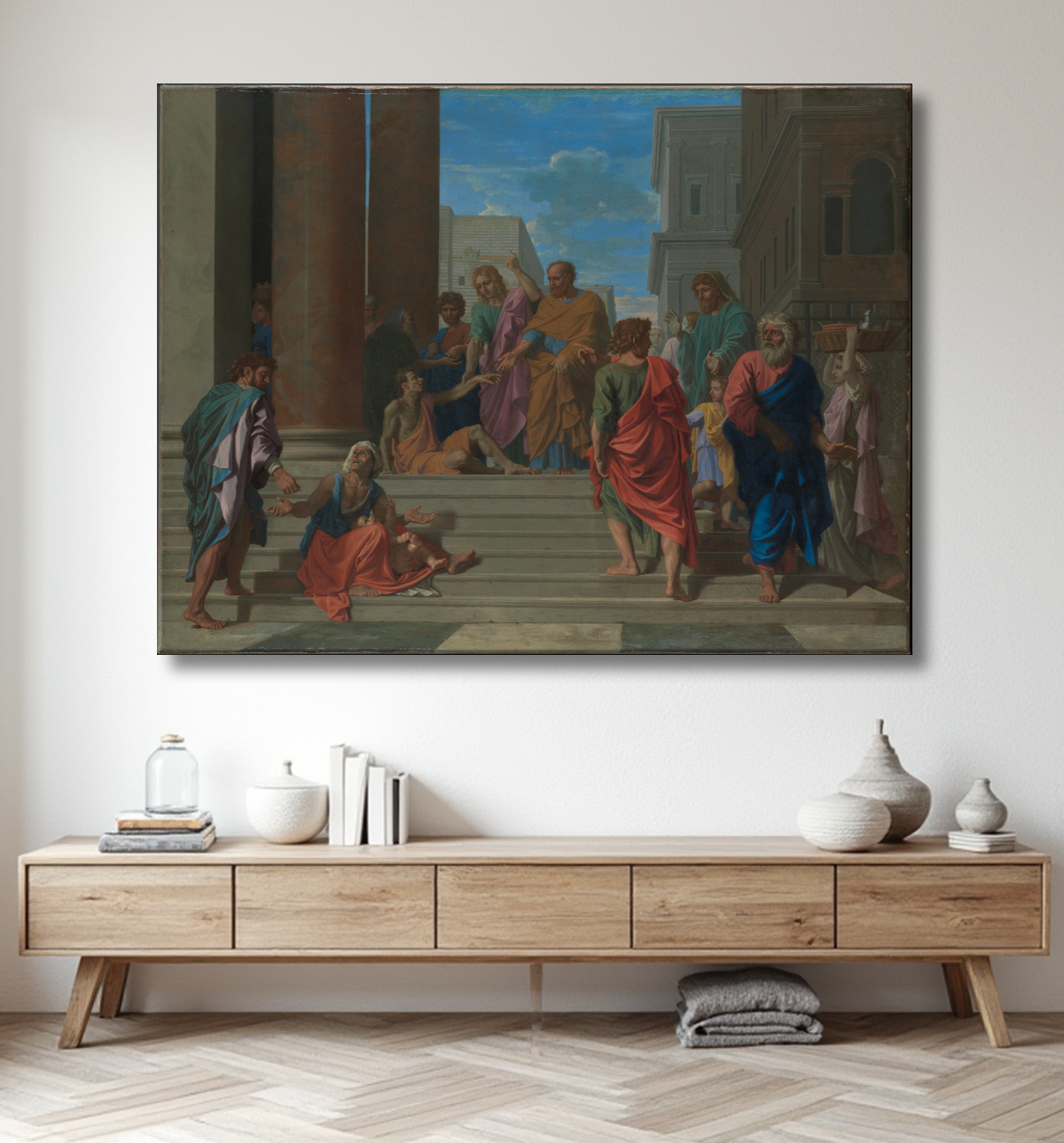 Reproduction Saints Pierre et Jean guérissant le boiteux de Nicolas Poussin avec decor