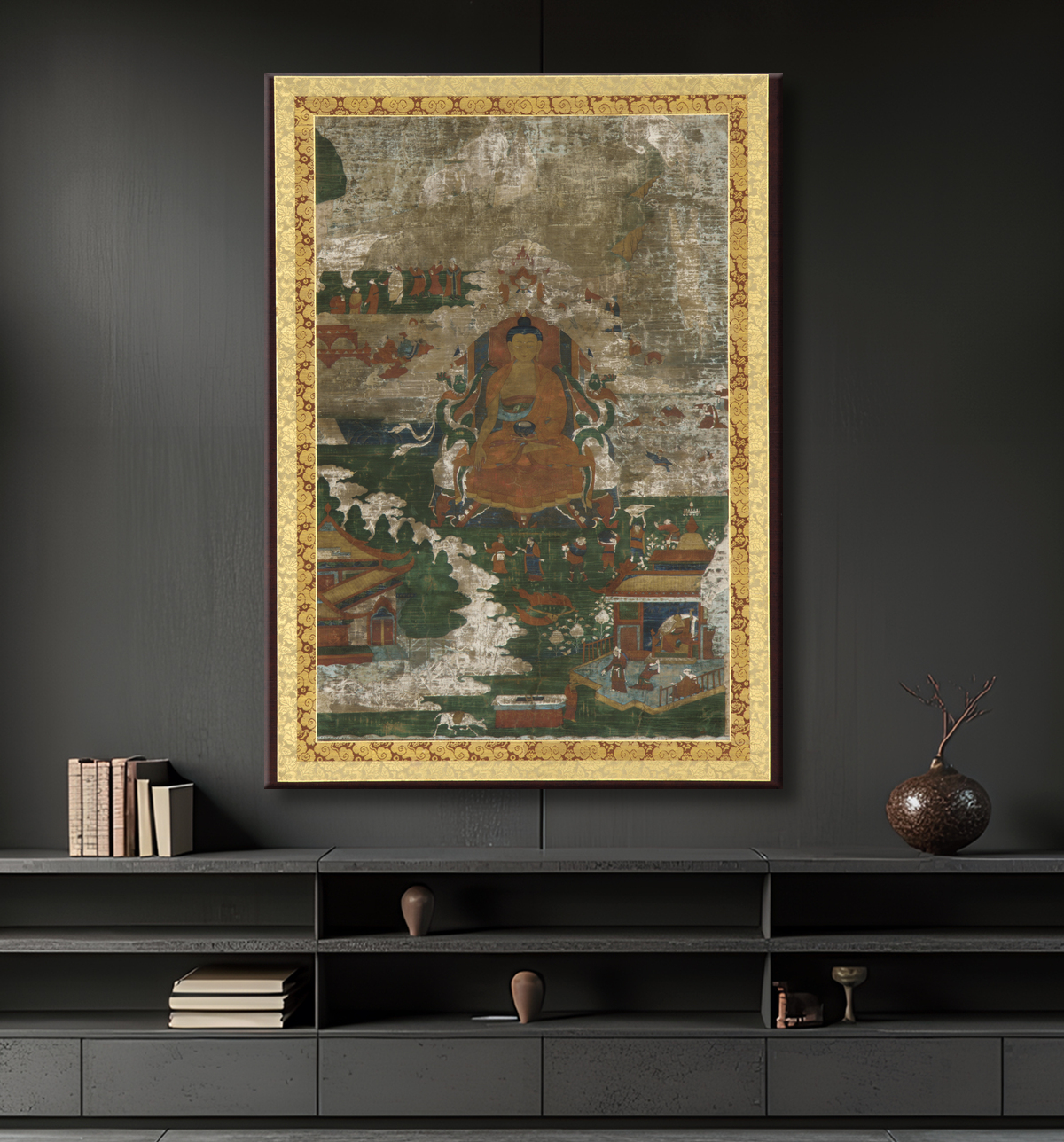 Reproduction Sakyamuni intronisé ; et scènes biographiques avec decor