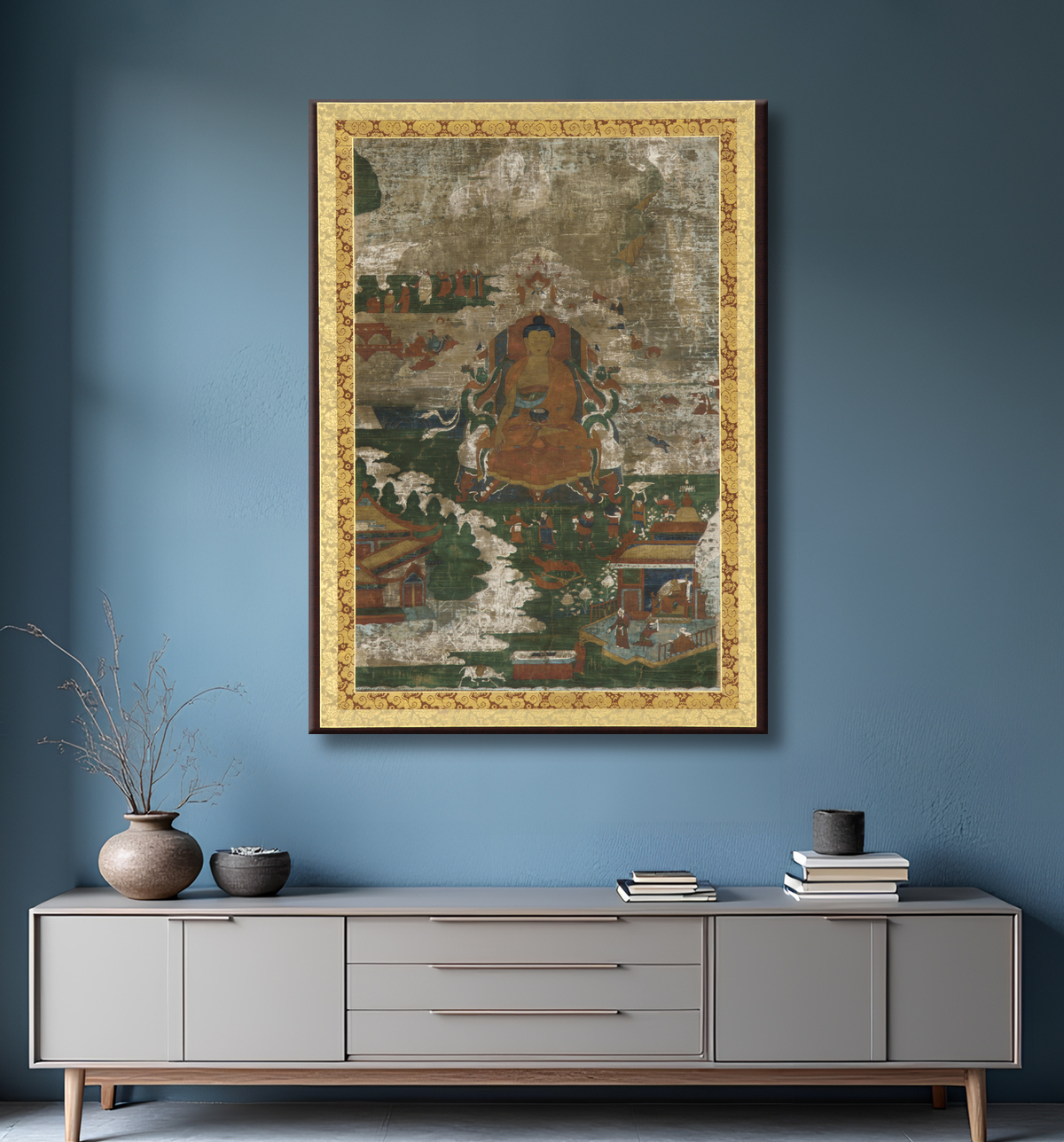 Reproduction Sakyamuni intronisé ; et scènes biographiques avec decor