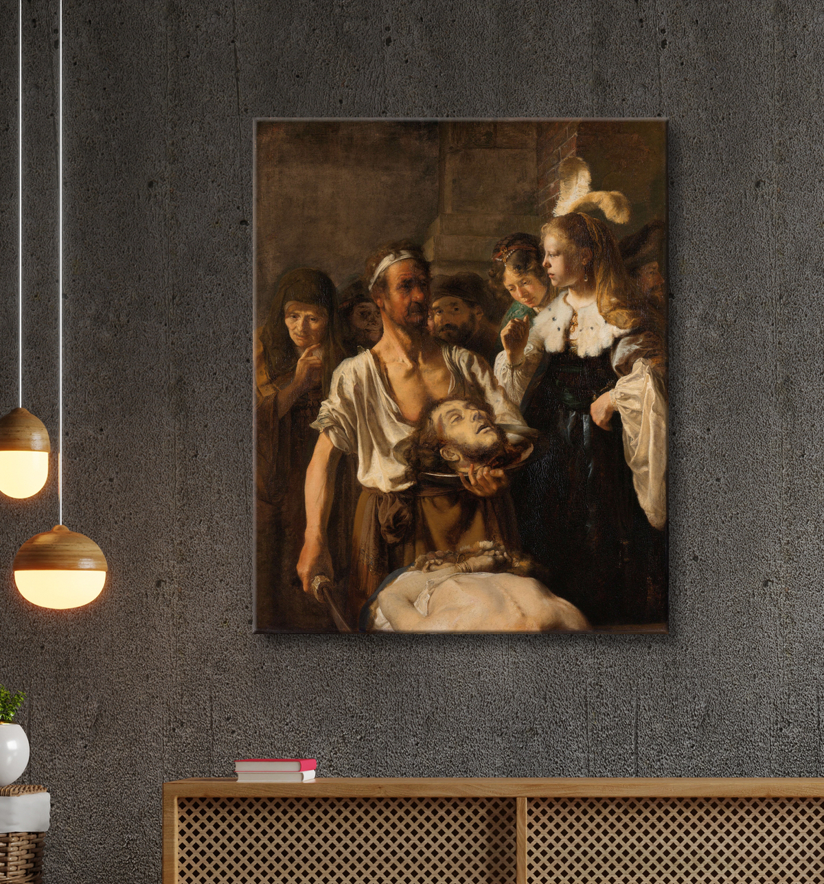 Reproduction Salomé reçoit la tête de Jean-Baptiste de Rembrandt van Rijn avec decor