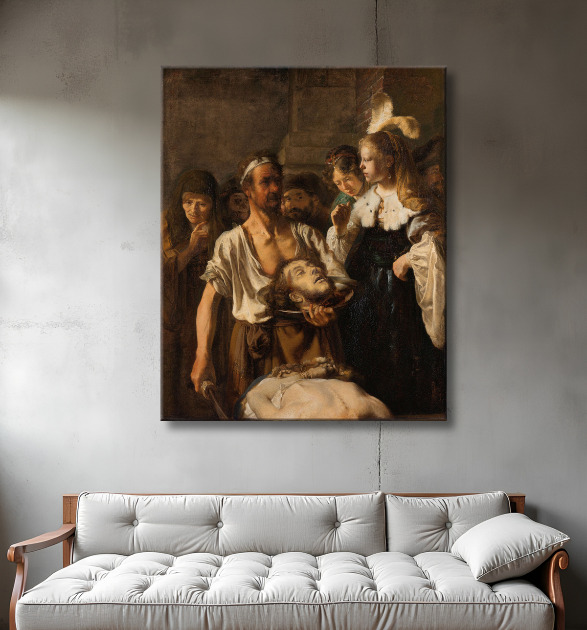 Reproduction Salomé reçoit la tête de Jean-Baptiste de Rembrandt van Rijn avec decor