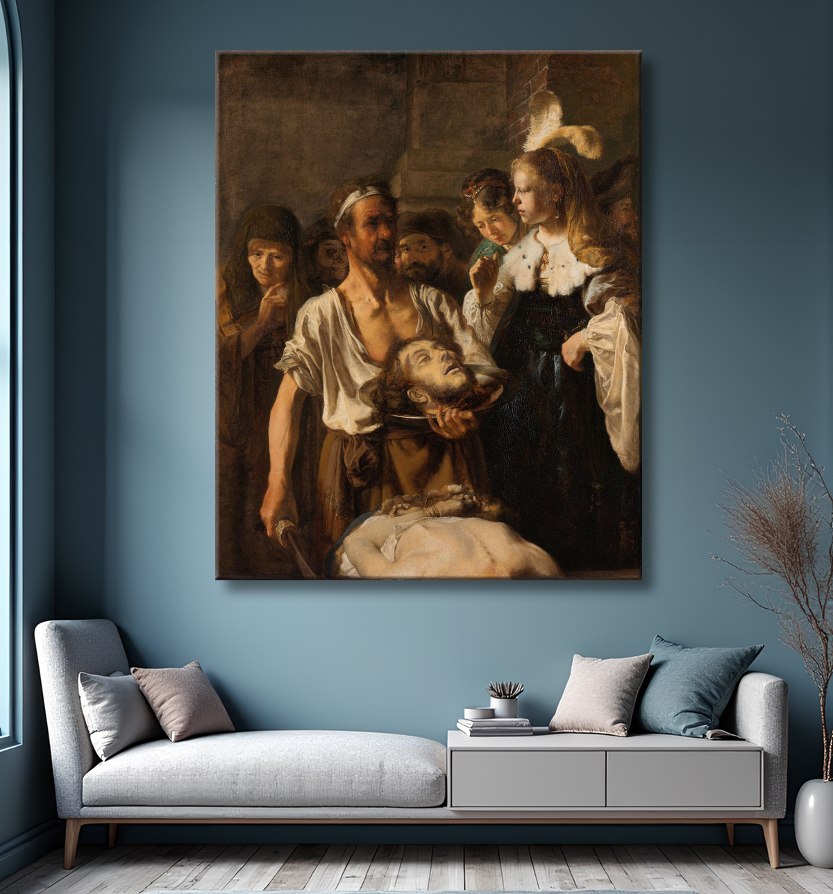 Reproduction Salomé reçoit la tête de Jean-Baptiste de Rembrandt van Rijn avec decor