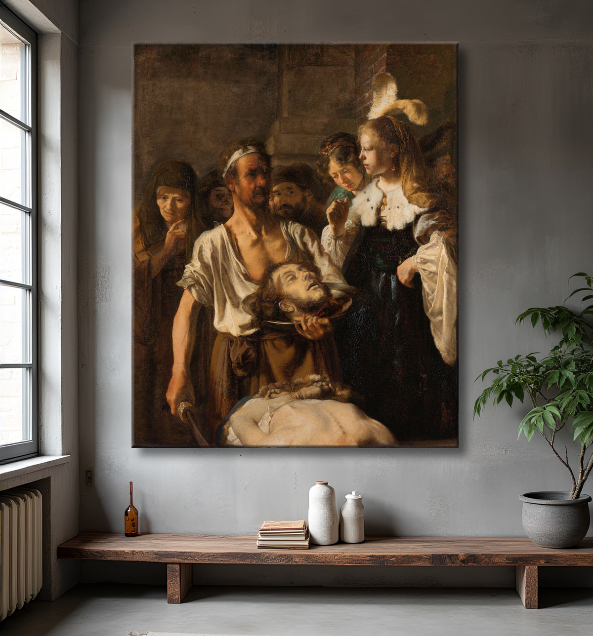 Reproduction Salomé reçoit la tête de Jean-Baptiste de Rembrandt van Rijn avec decor