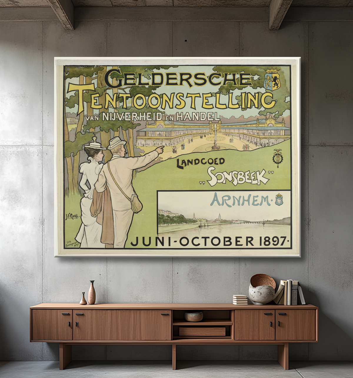 Reproduction Salon de l'industrie et du commerce de Gueldre. Domaine de Sonsbeek juin-octobre 1897. de Jan Rinke avec decor