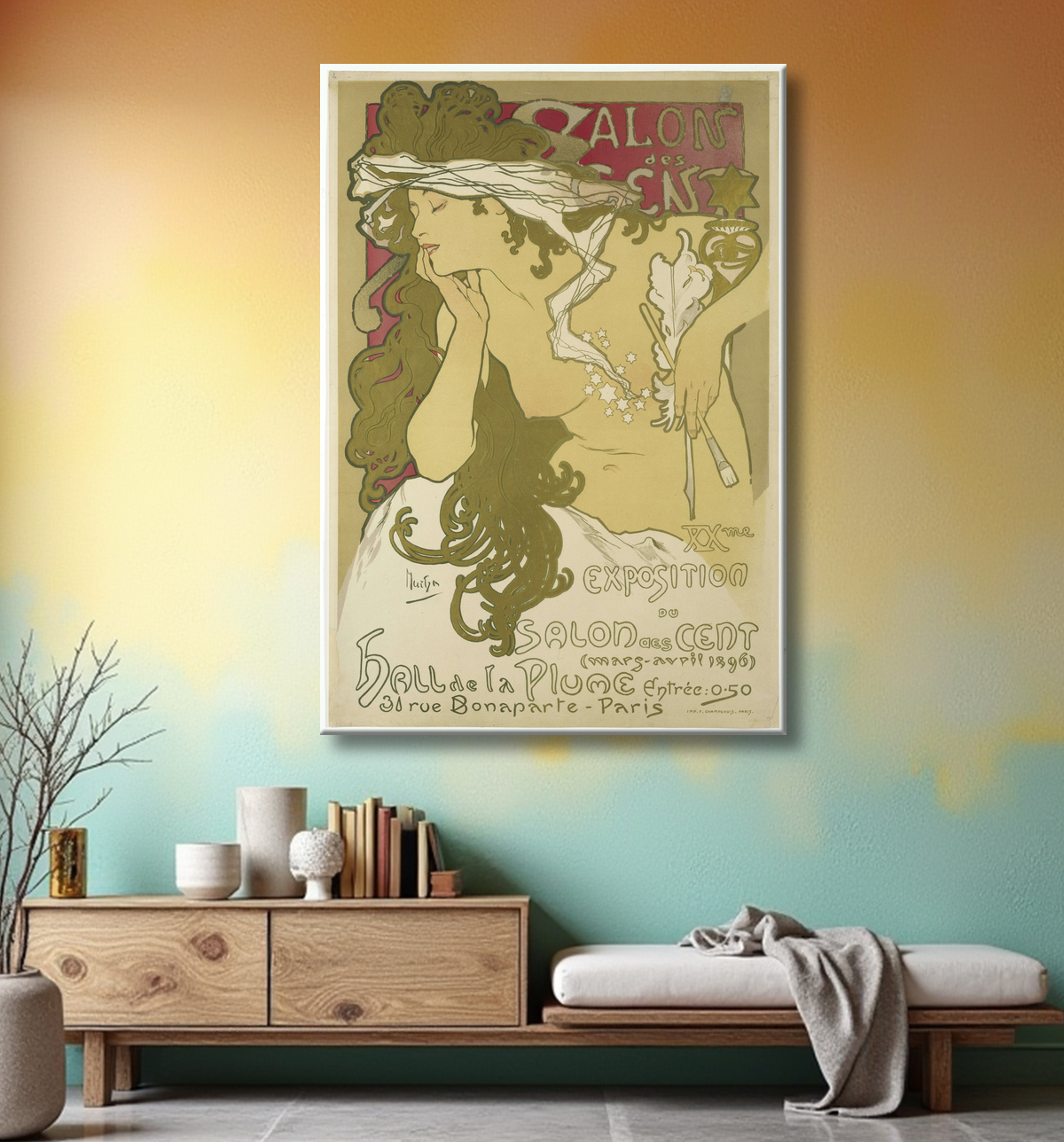 Reproduction Salon des Cent,  XXme Exposition du Salon des Cent (mars-avril  1896) Hall de la Plume, 31 rue Bonaparte, Paris. de Alfons Maria Mucha avec decor
