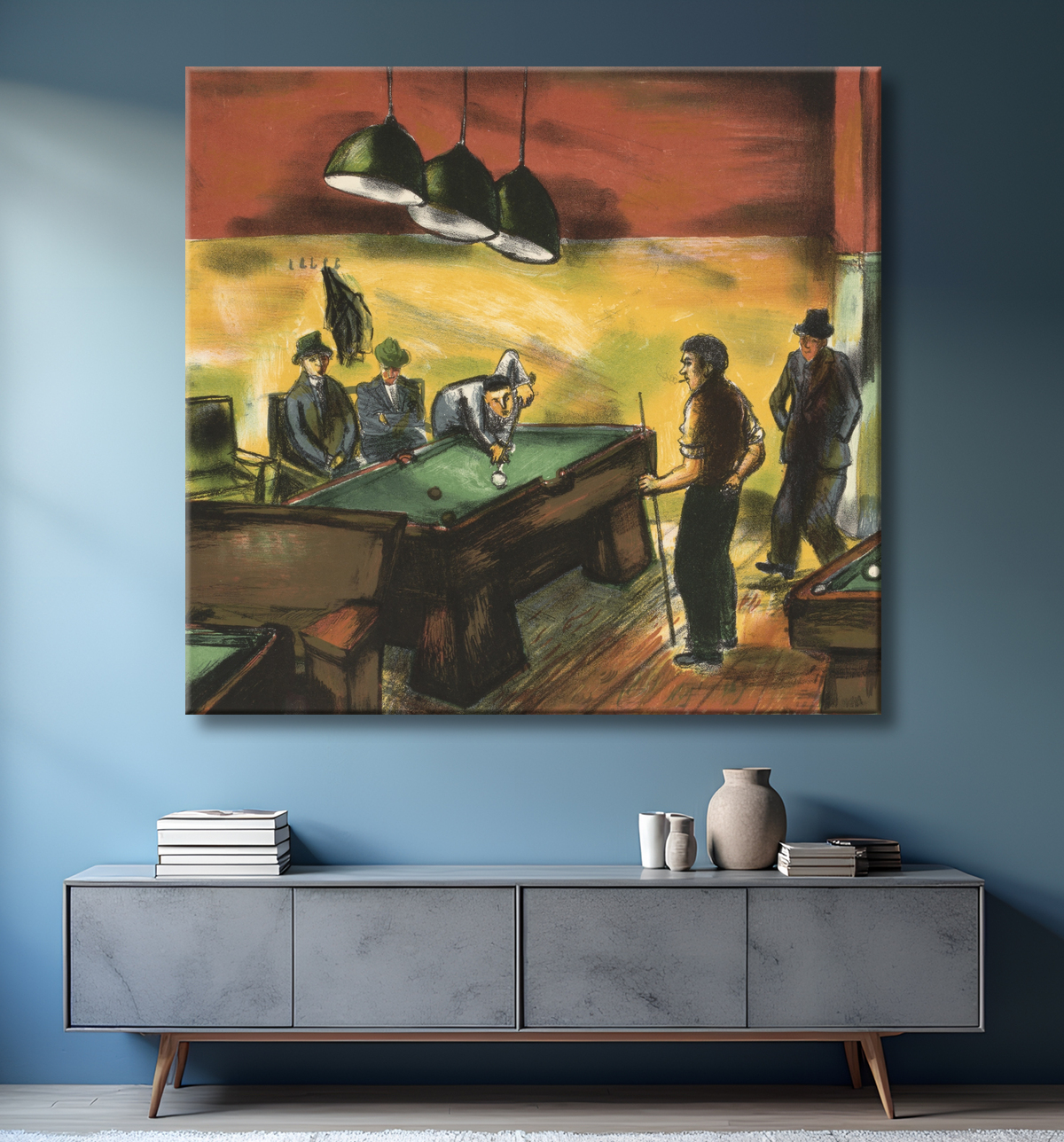 Reproduction (Sans titre) (Hommes jouant au billard) de Unidentified (American) avec decor