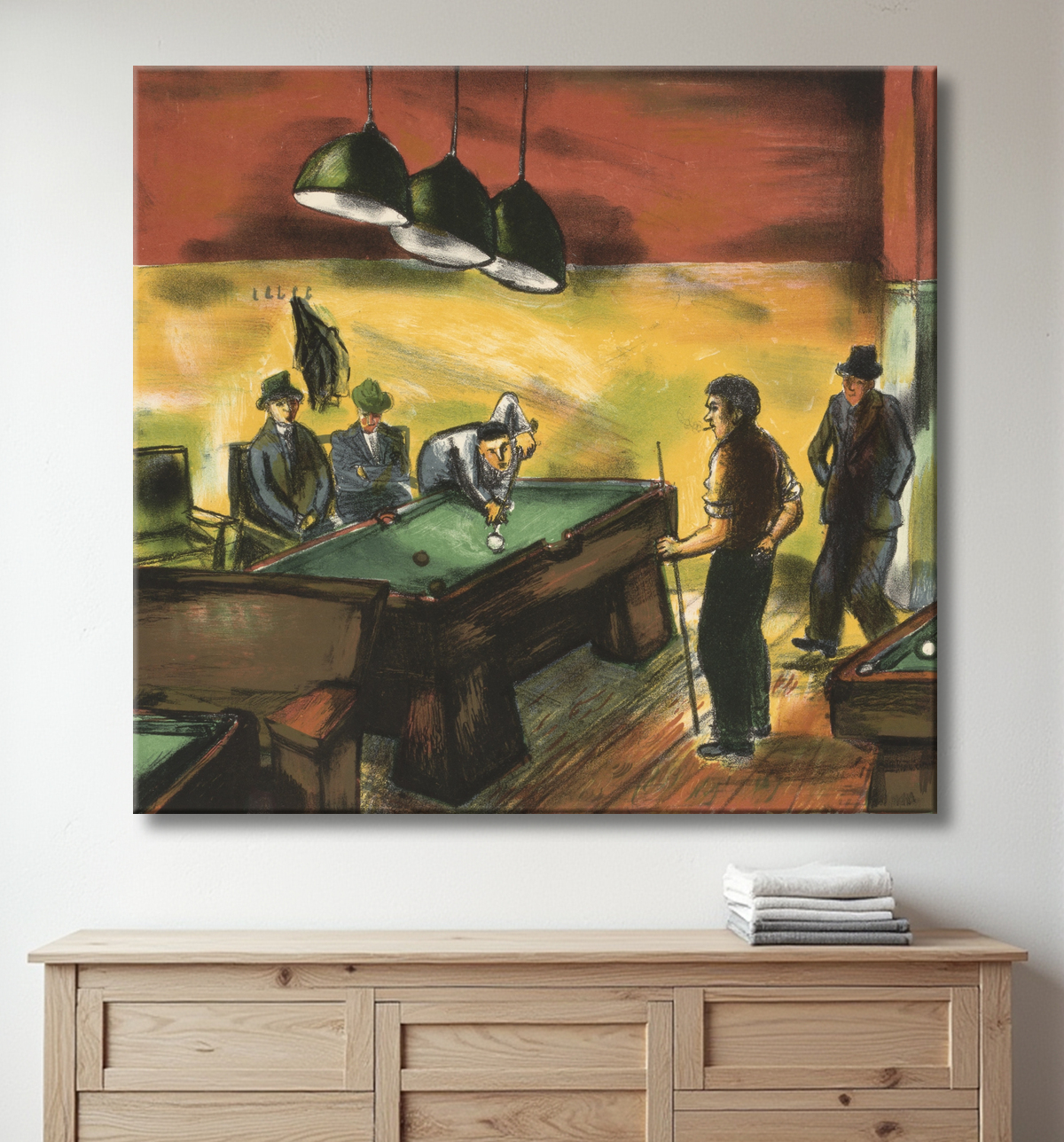 Reproduction (Sans titre) (Hommes jouant au billard) de Unidentified (American) avec decor