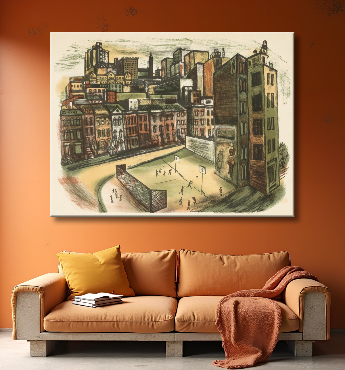 Reproduction (Sans titre) (Scène de ville avec aire de jeux) de Unidentified (American) avec decor