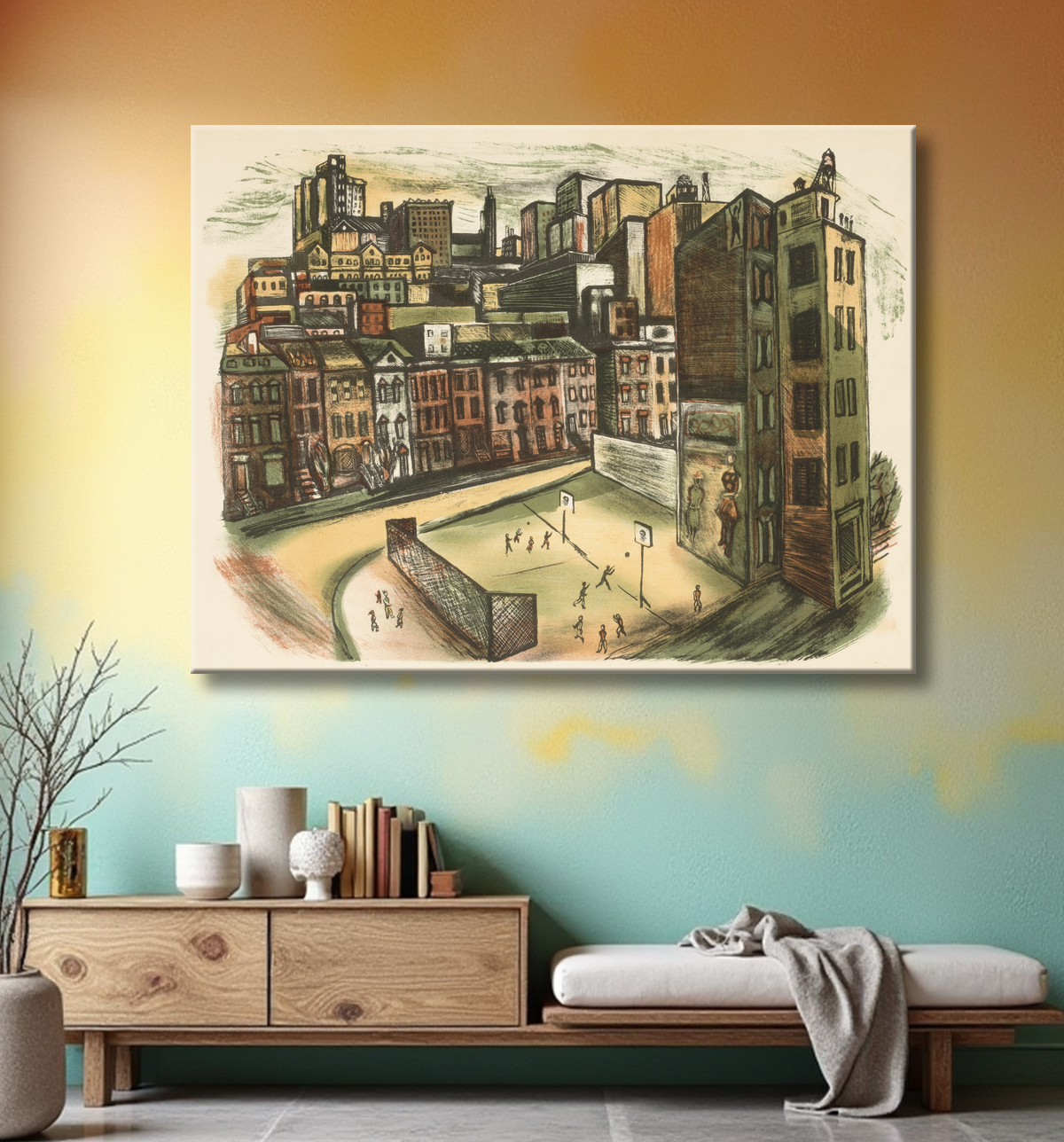 Reproduction (Sans titre) (Scène de ville avec aire de jeux) de Unidentified (American) avec decor