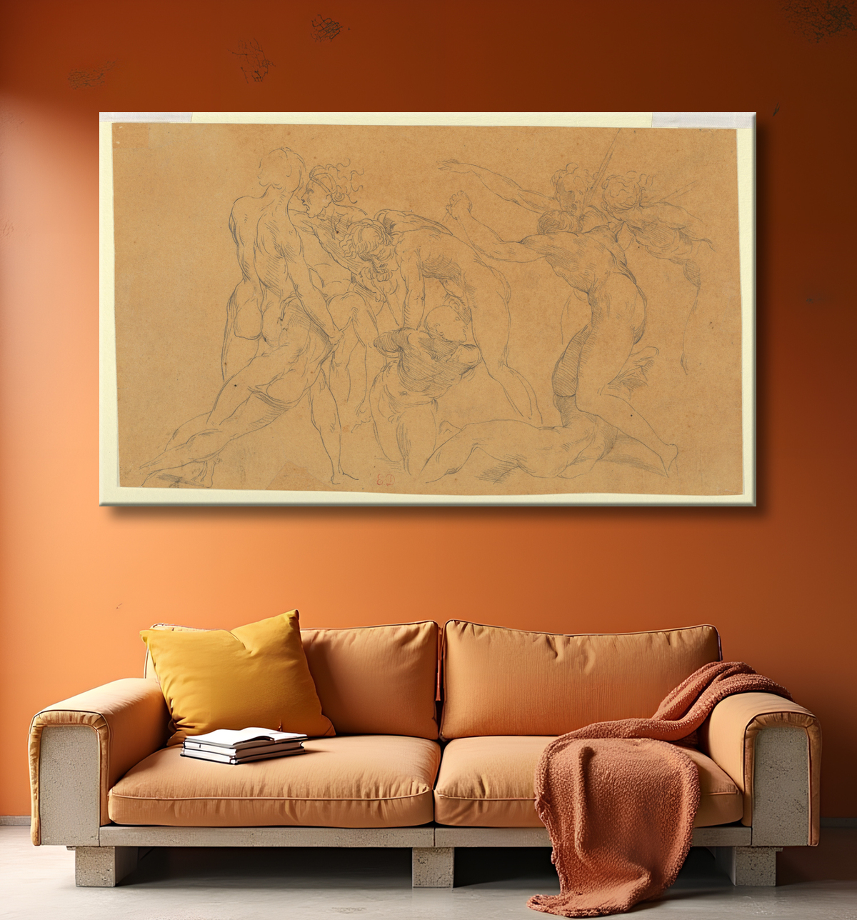 Reproduction Scène de bataille avec un prisonnier lié, d'après Raphaël de Eugène Delacroix avec decor