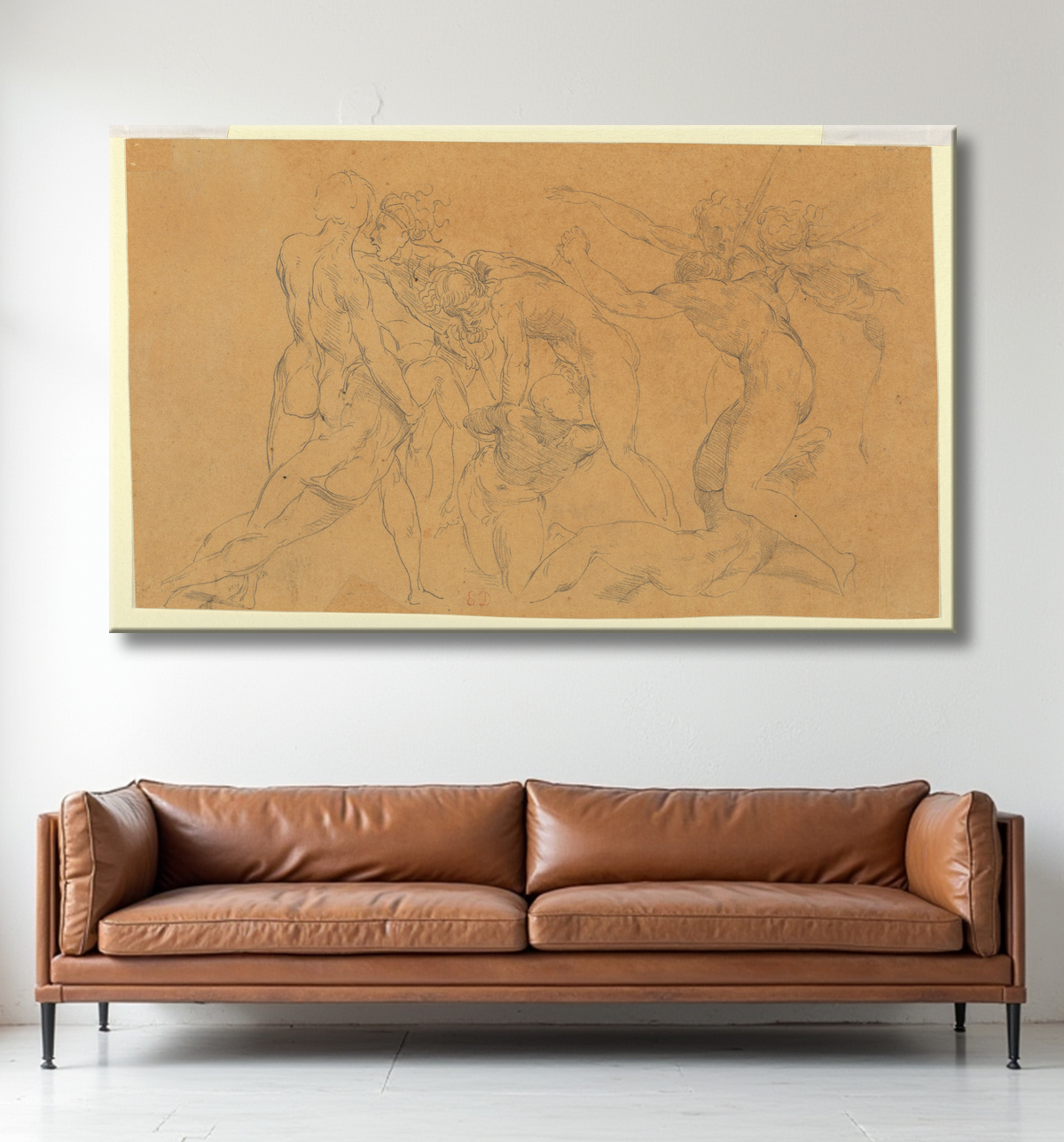 Reproduction Scène de bataille avec un prisonnier lié, d'après Raphaël de Eugène Delacroix avec decor