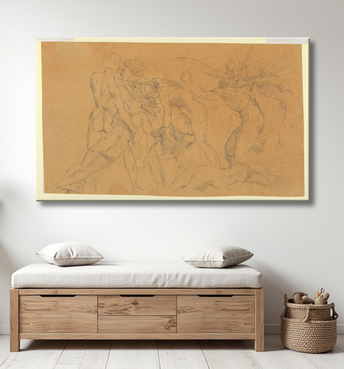 Reproduction Scène de bataille avec un prisonnier lié, d'après Raphaël de Eugène Delacroix avec decor