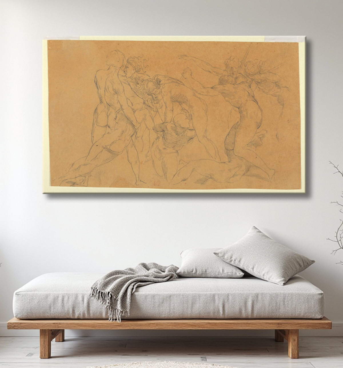 Reproduction Scène de bataille avec un prisonnier lié, d'après Raphaël de Eugène Delacroix avec decor