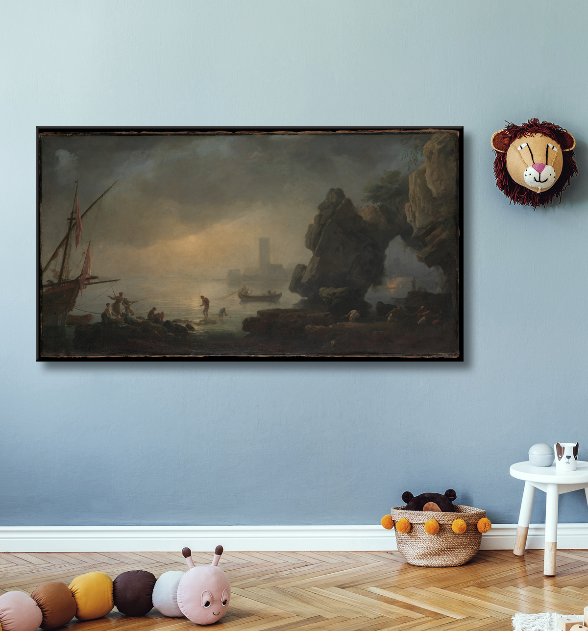 Reproduction Scène de port avec une grotte et des pêcheurs transportant des filets de Joseph Vernet avec decor