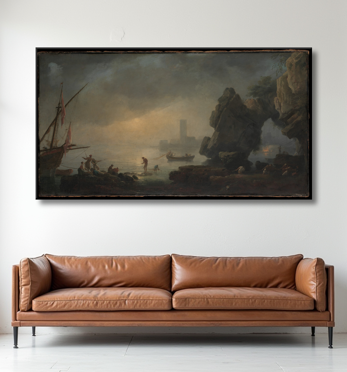 Reproduction Scène de port avec une grotte et des pêcheurs transportant des filets de Joseph Vernet avec decor