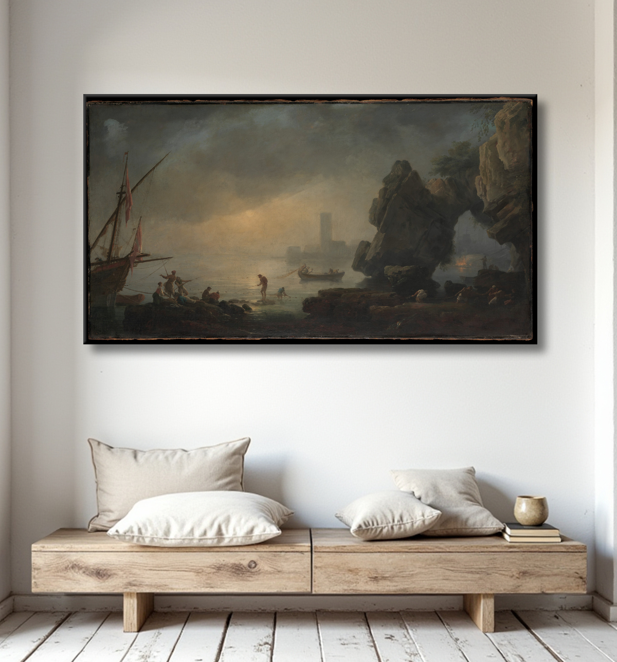 Reproduction Scène de port avec une grotte et des pêcheurs transportant des filets de Joseph Vernet avec decor