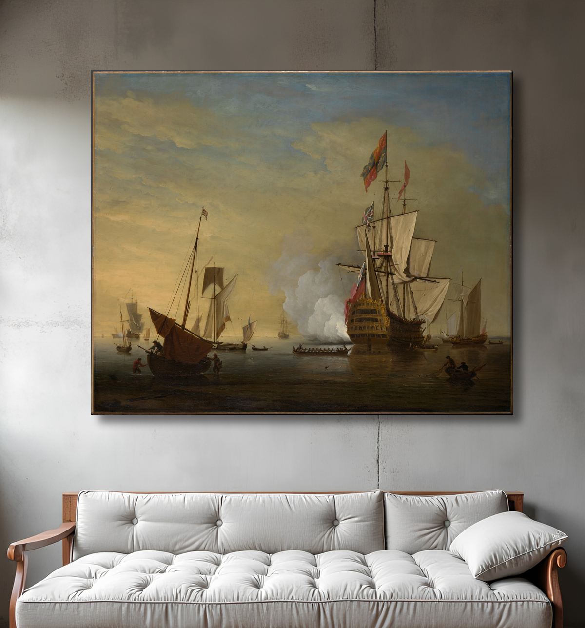 Reproduction Scène de port : un navire anglais avec des voiles desserrées tirant une arme à feu de Peter Monamy avec decor