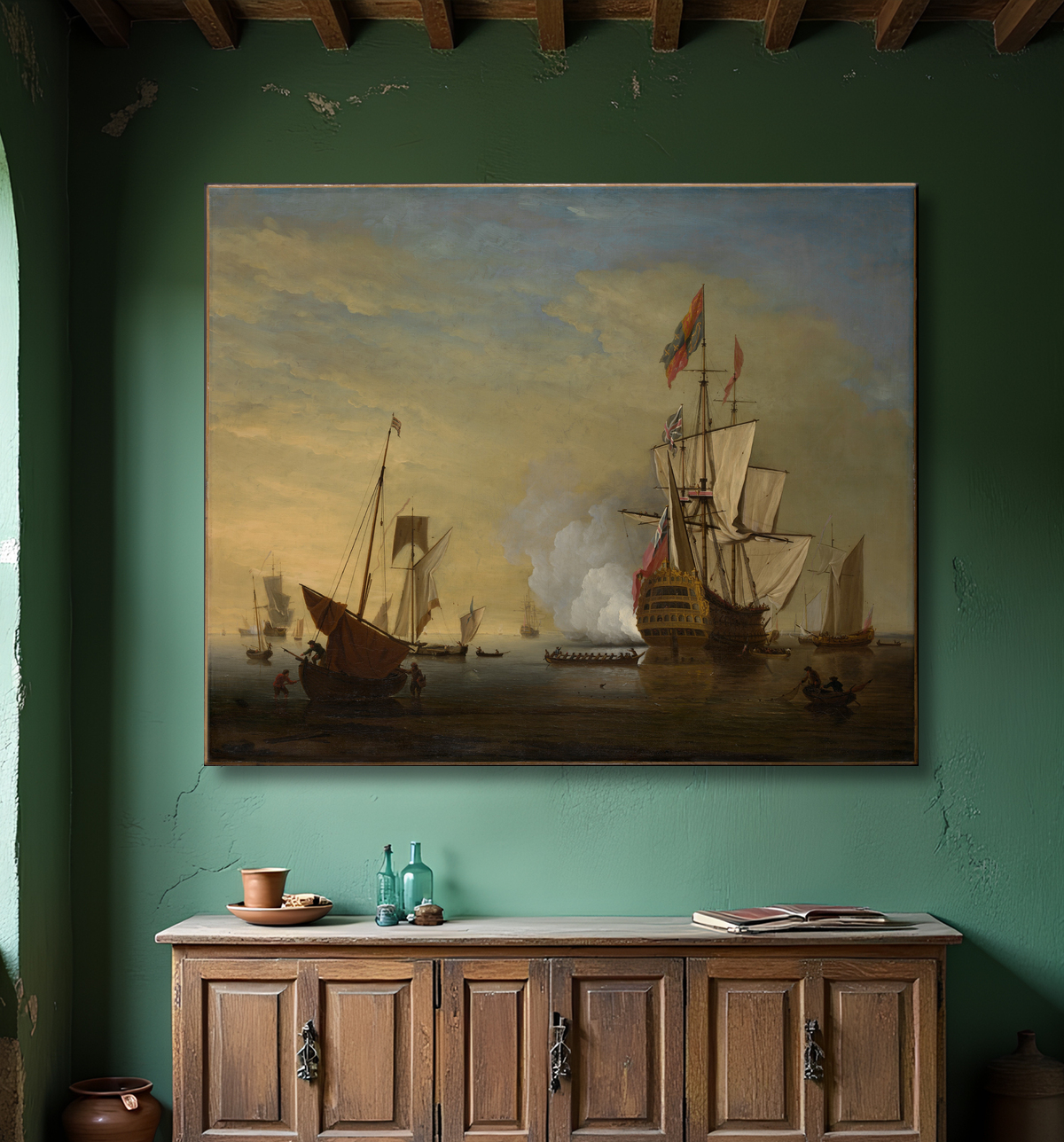 Reproduction Scène de port : un navire anglais avec des voiles desserrées tirant une arme à feu de Peter Monamy avec decor
