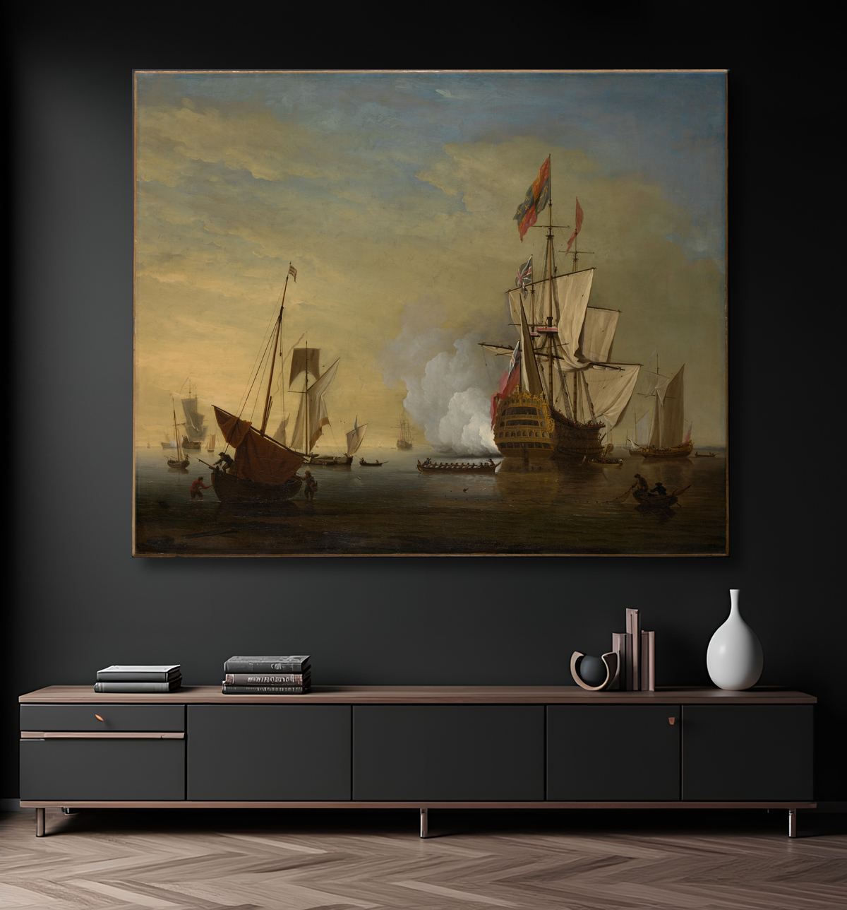 Reproduction Scène de port : un navire anglais avec des voiles desserrées tirant une arme à feu de Peter Monamy avec decor