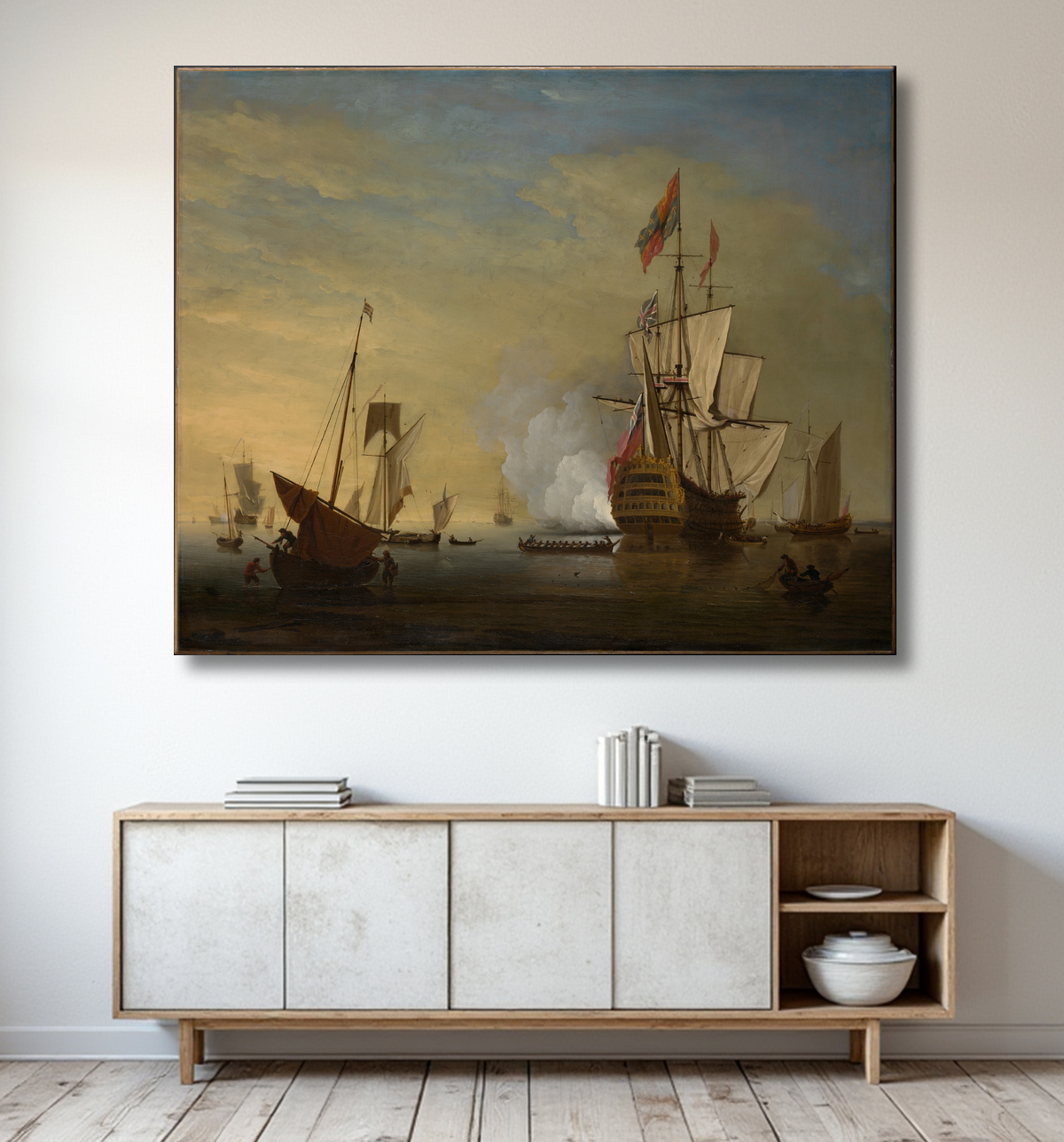 Reproduction Scène de port : un navire anglais avec des voiles desserrées tirant une arme à feu de Peter Monamy avec decor