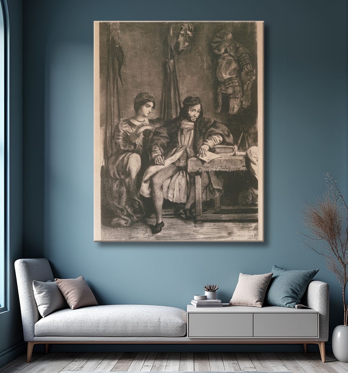 Reproduction Scène du 'Götz' de Goethe (Götz von Berlichingen écrivant ses mémoires) de Eugène Delacroix avec decor