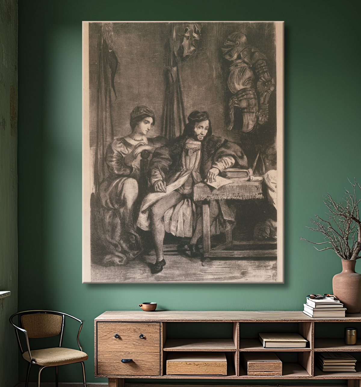 Reproduction Scène du 'Götz' de Goethe (Götz von Berlichingen écrivant ses mémoires) de Eugène Delacroix avec decor