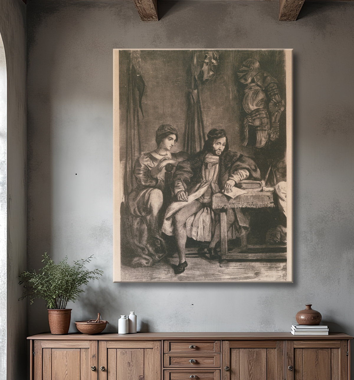 Reproduction Scène du 'Götz' de Goethe (Götz von Berlichingen écrivant ses mémoires) de Eugène Delacroix avec decor
