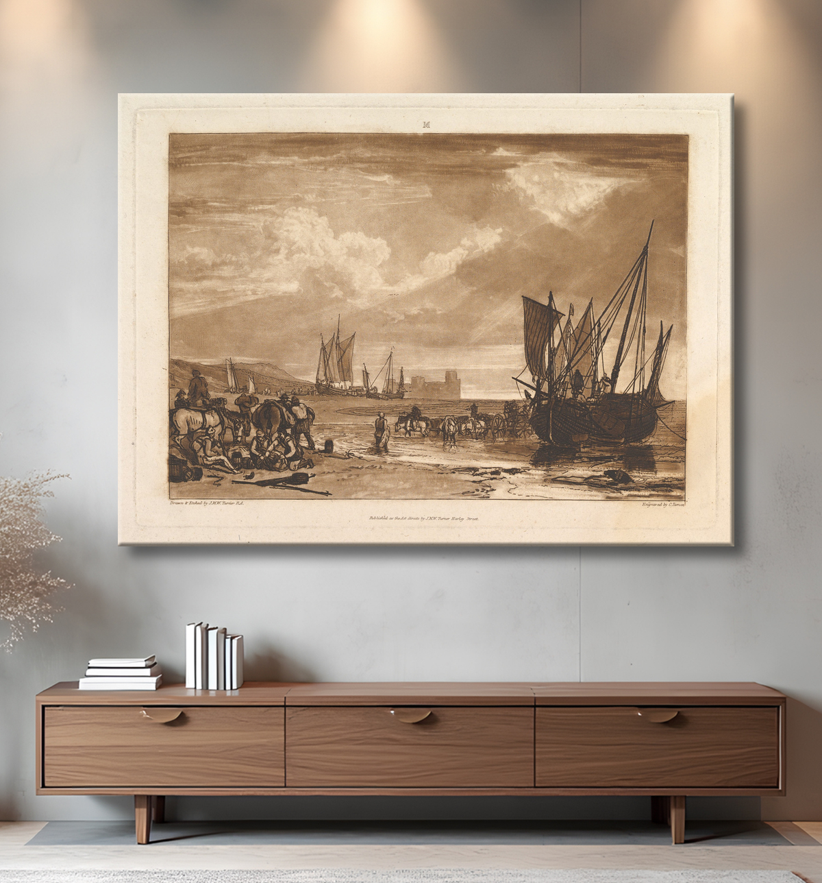Reproduction Scène sur la côte française (Liber Studiorum, partie I, planche 4) de Joseph Mallord William Turner avec decor