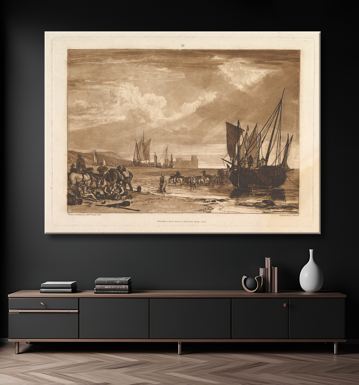 Reproduction Scène sur la côte française (Liber Studiorum, partie I, planche 4) de Joseph Mallord William Turner avec decor