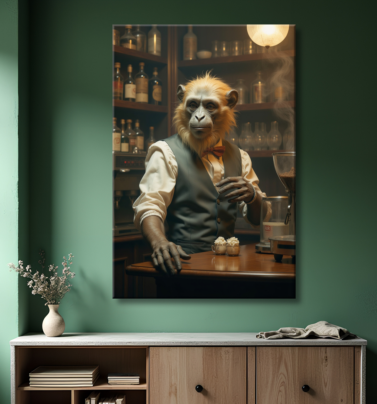 Tableau d'un singe serveur de bar ! avec decor