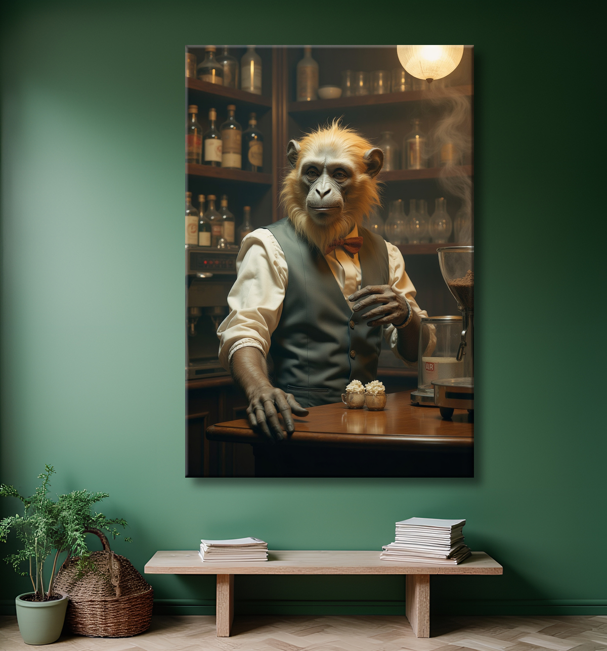 Tableau d'un singe serveur de bar ! avec decor