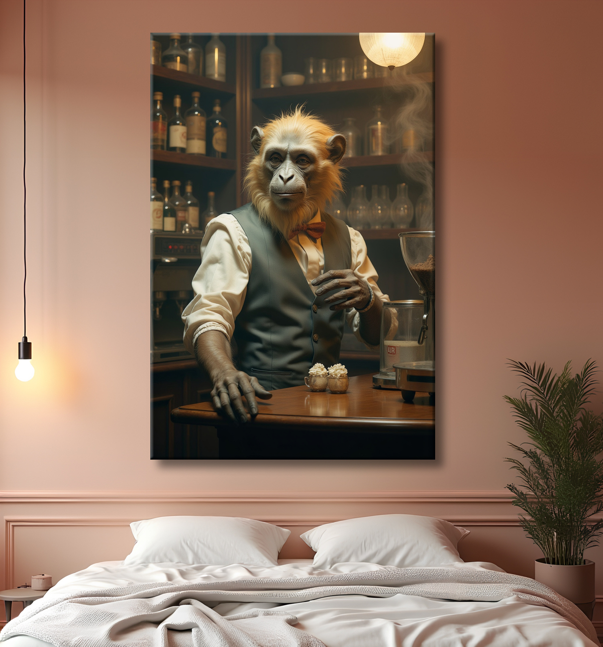 Tableau d'un singe serveur de bar ! avec decor
