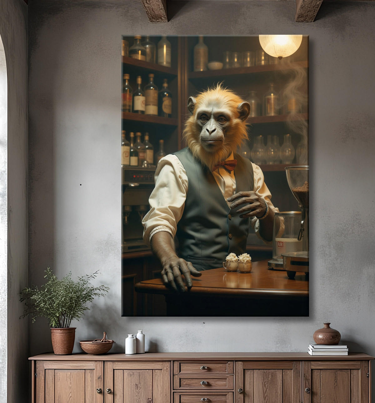 Tableau d'un singe serveur de bar ! avec decor