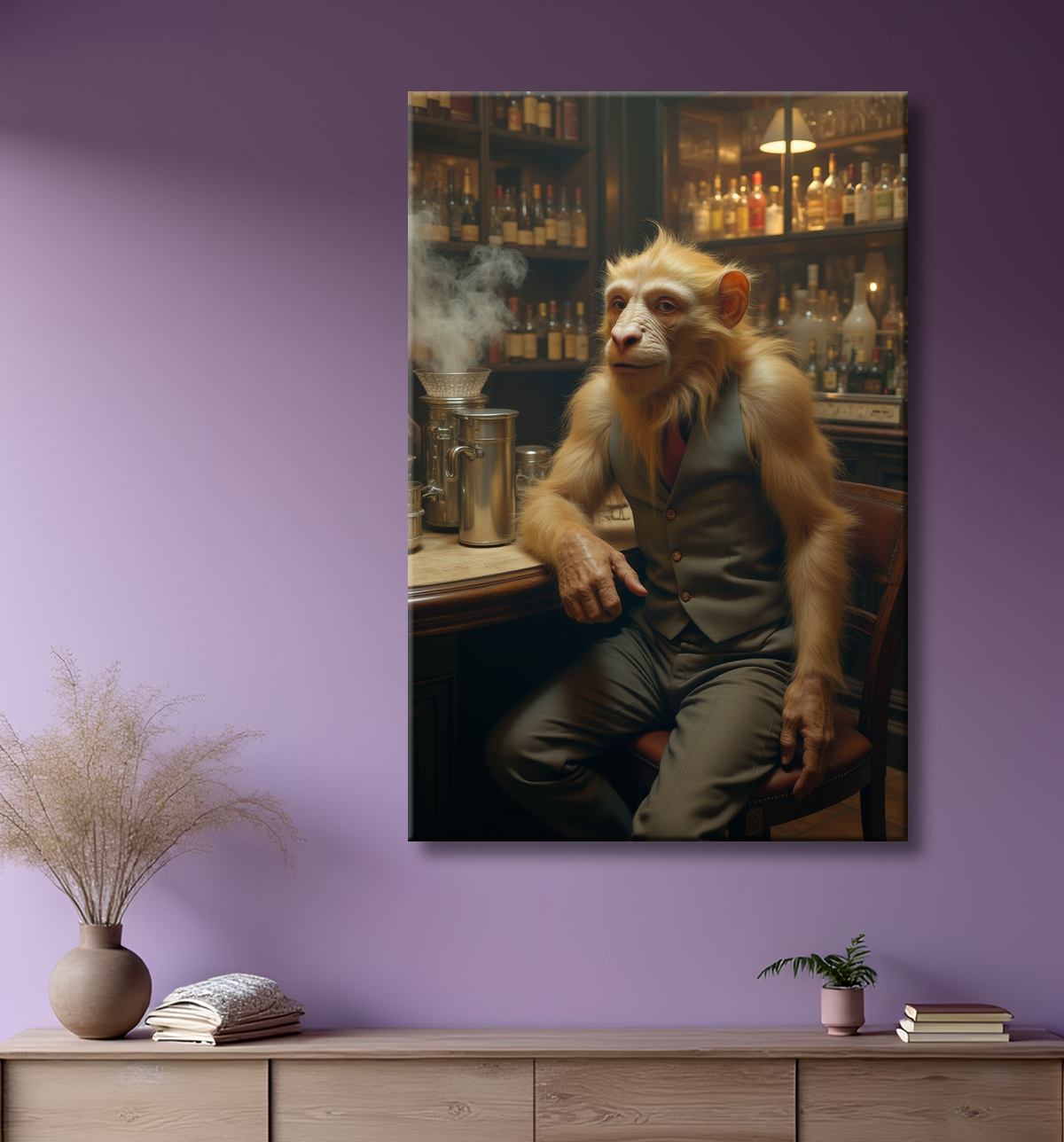 Tableau d'un singe serveur de bar ! avec decor