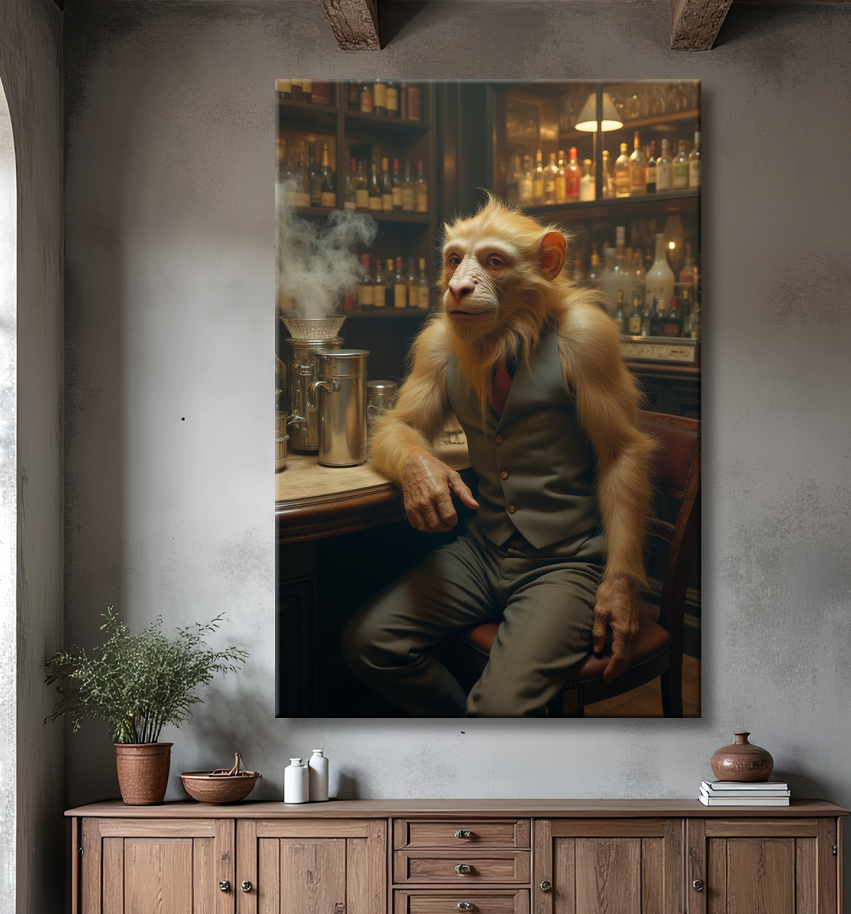 Tableau d'un singe serveur de bar ! avec decor