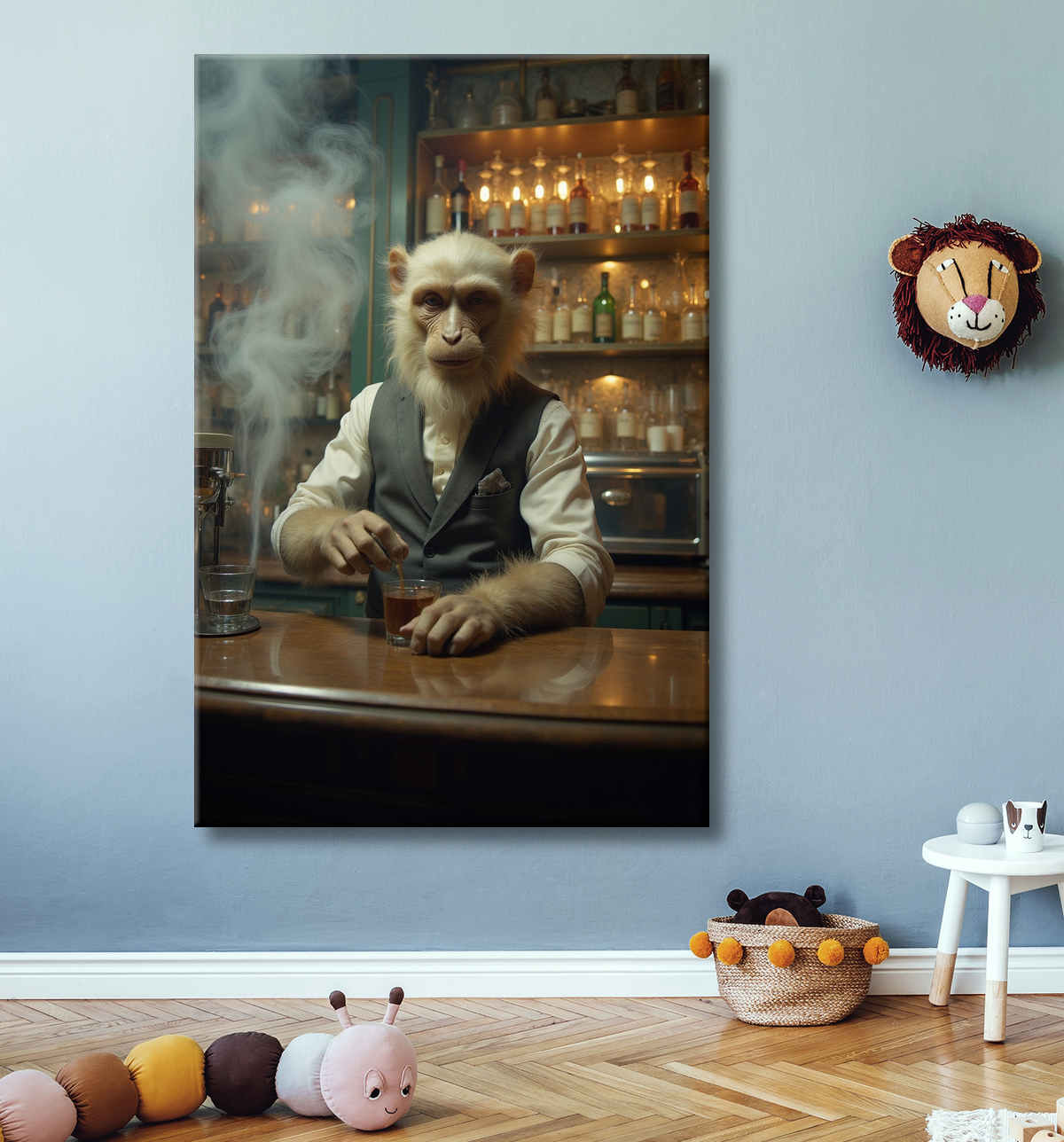 Tableau d'un singe serveur de bar ! avec decor