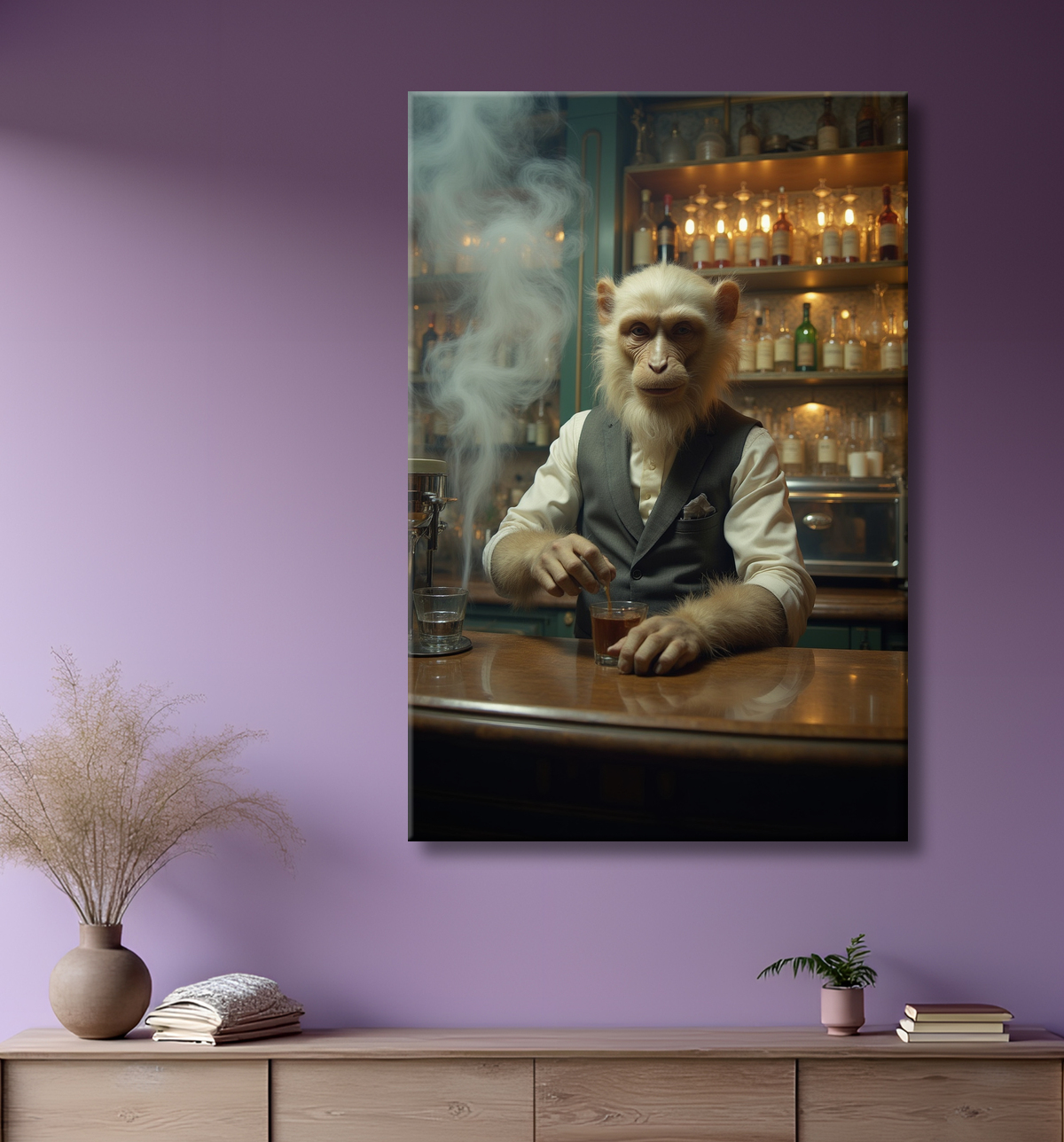 Tableau d'un singe serveur de bar ! avec decor