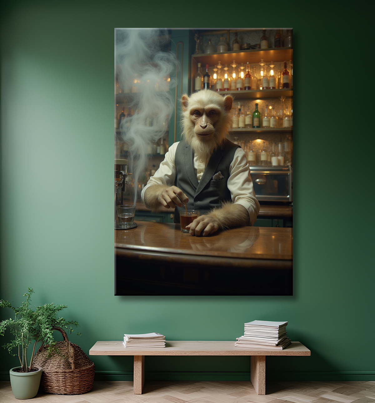 Tableau d'un singe serveur de bar ! avec decor