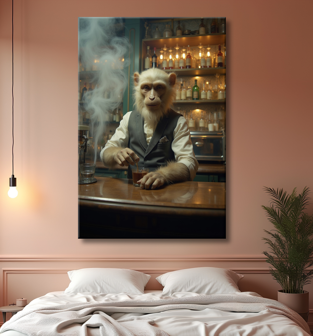 Tableau d'un singe serveur de bar ! avec decor