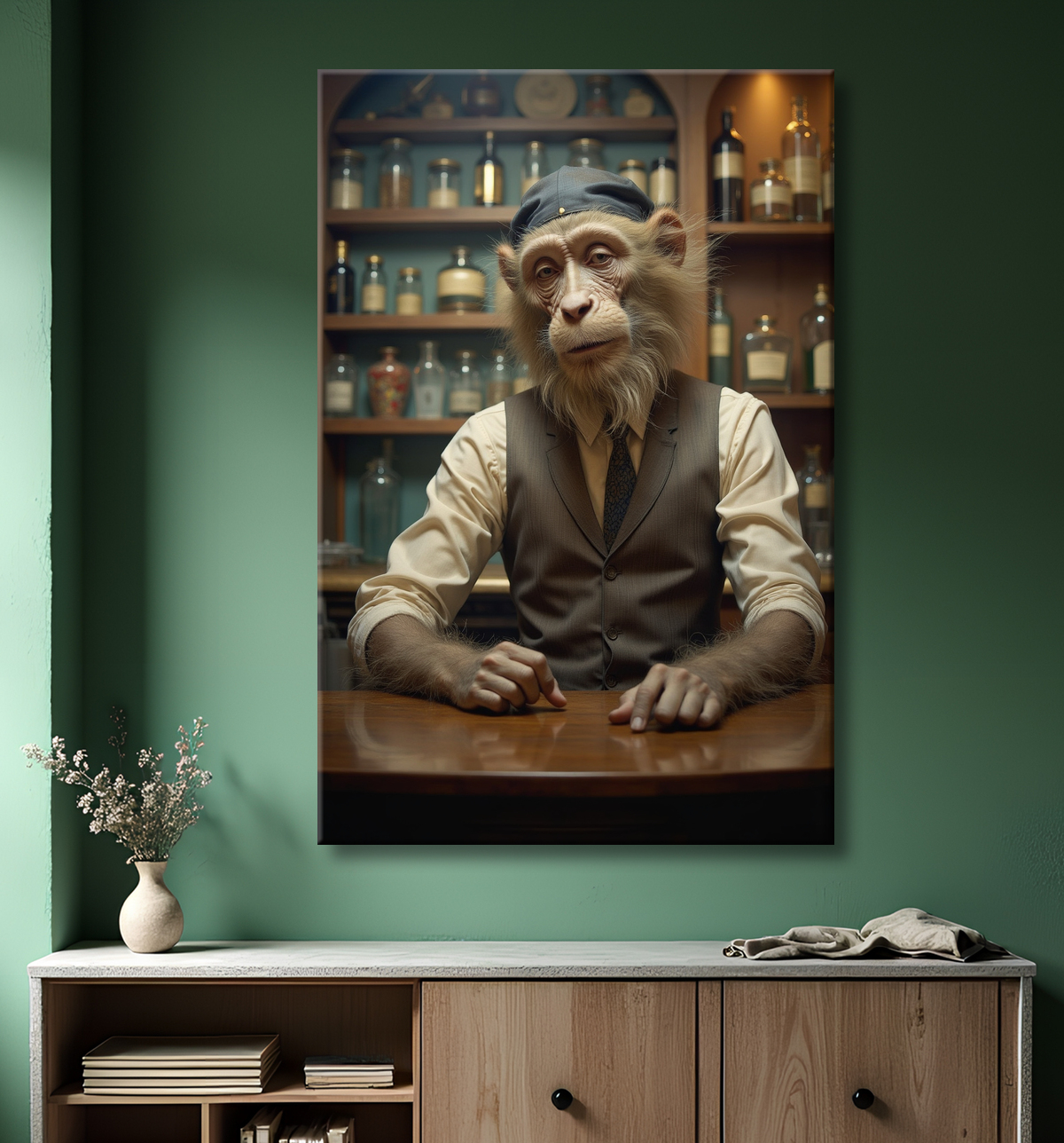 Tableau d'un singe serveur de bar ! avec decor