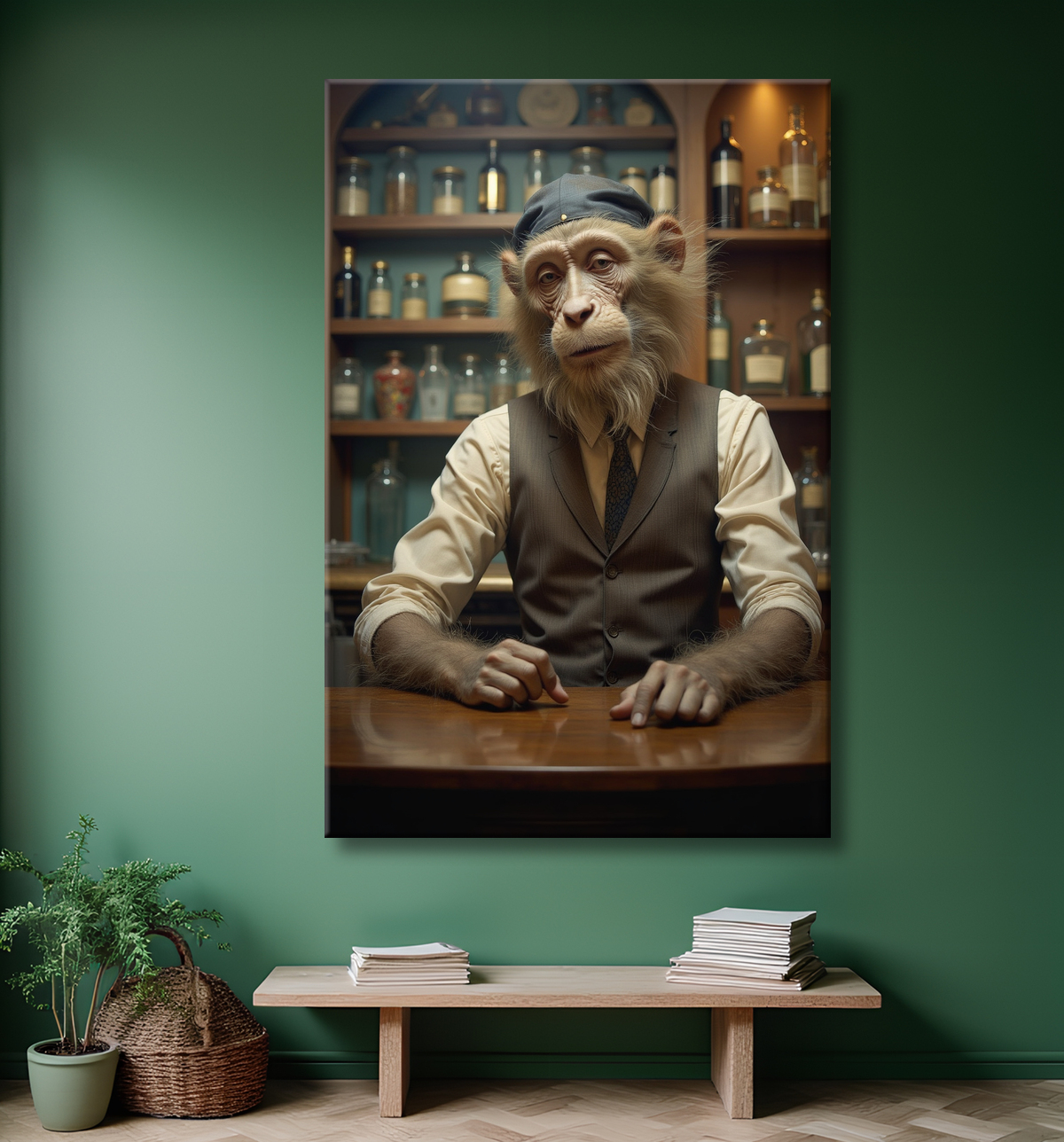 Tableau d'un singe serveur de bar ! avec decor