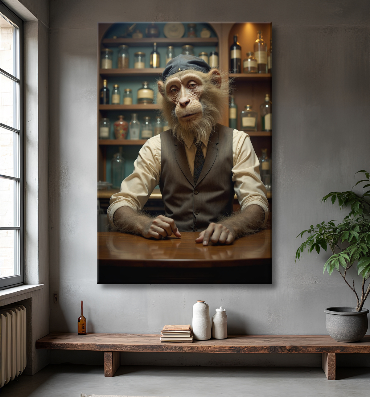 Tableau d'un singe serveur de bar ! avec decor