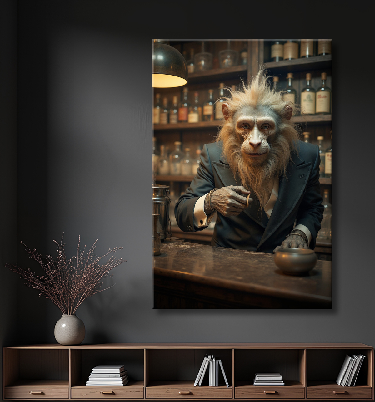 Tableau d'un singe serveur de bar ! avec decor