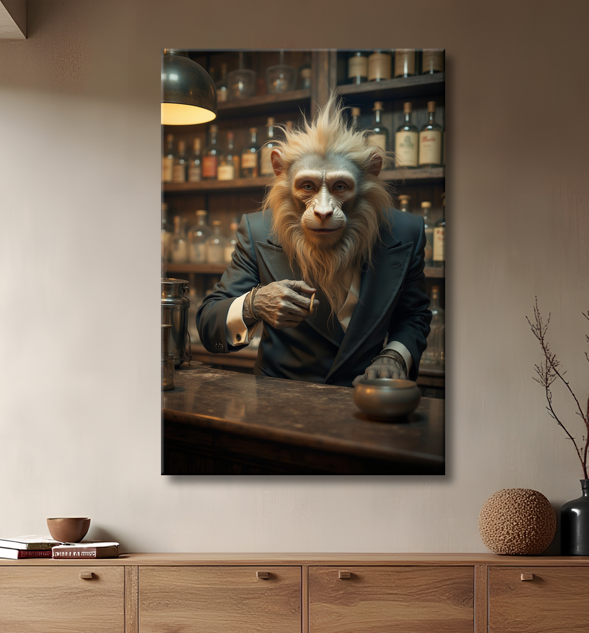 Tableau d'un singe serveur de bar ! avec decor