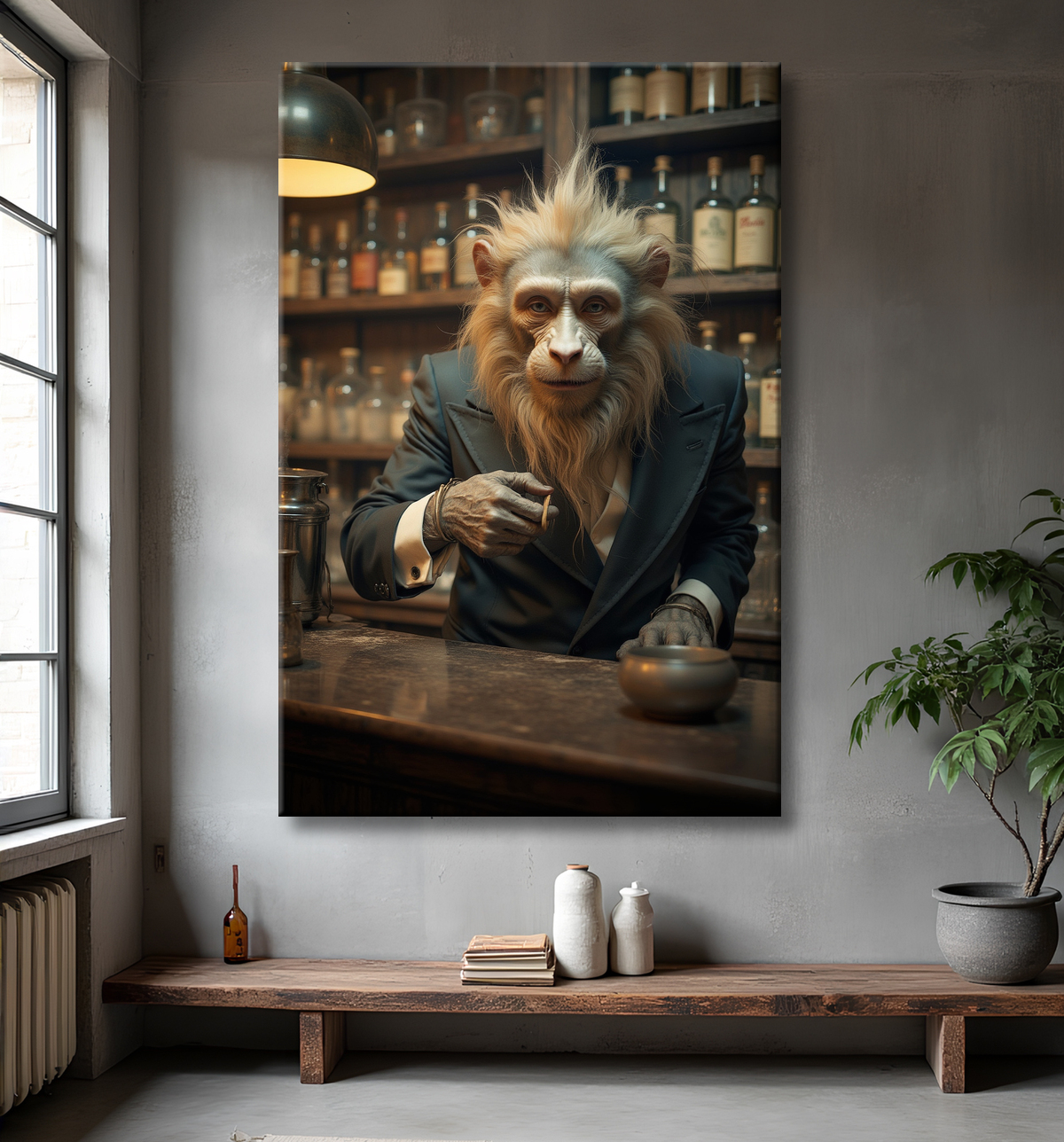 Tableau d'un singe serveur de bar ! avec decor