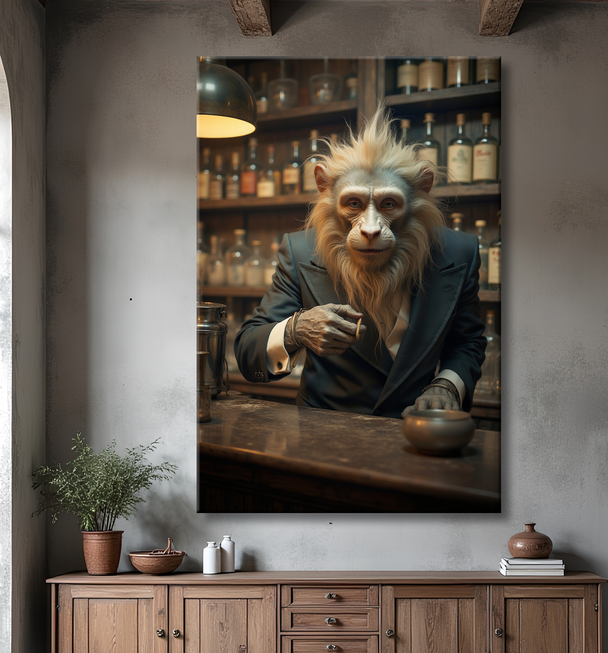 Tableau d'un singe serveur de bar ! avec decor