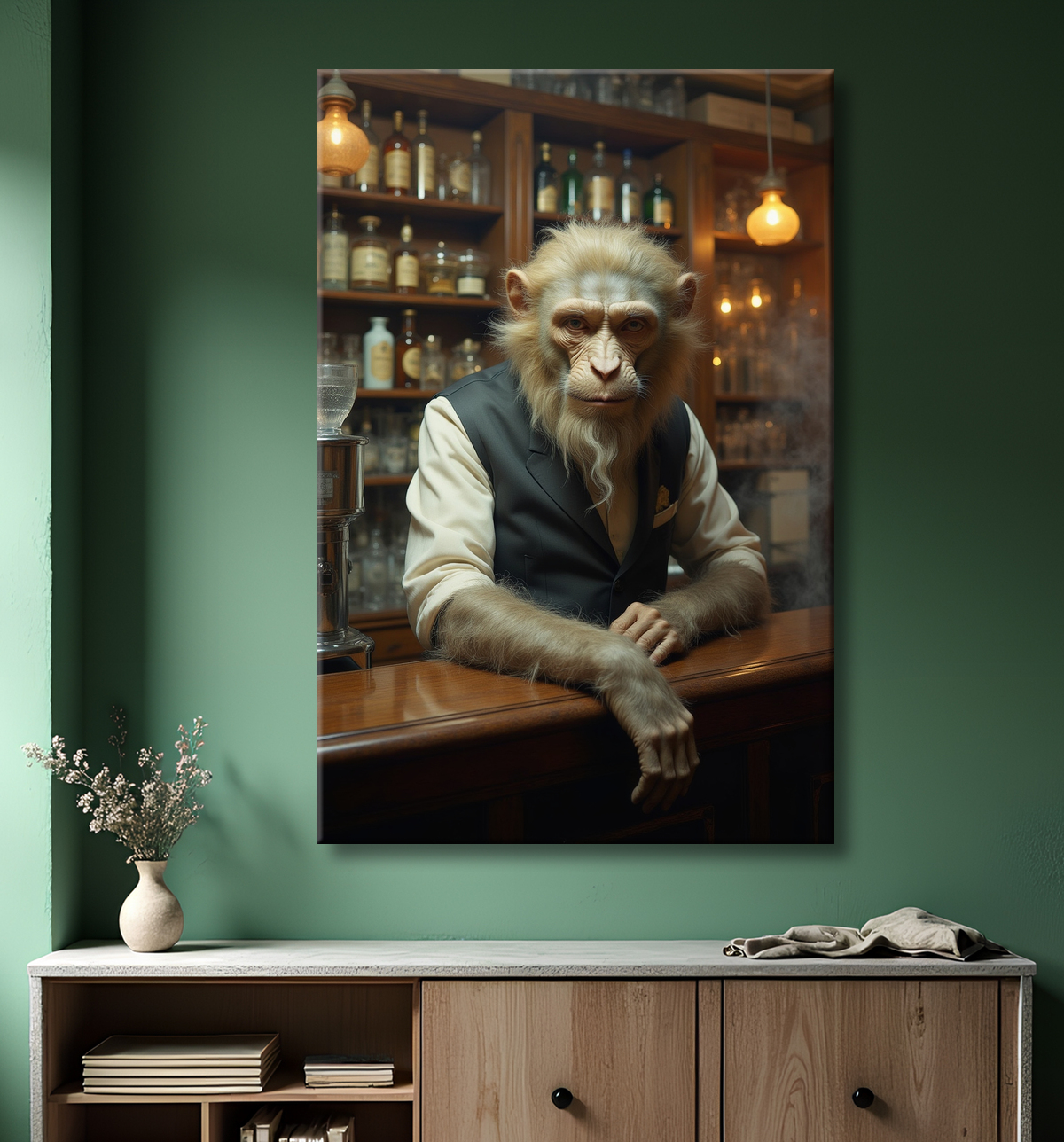 Tableau d'un singe serveur de bar ! avec decor