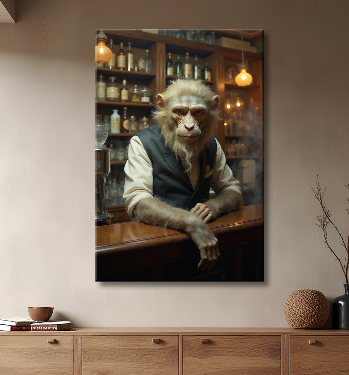 Tableau d'un singe serveur de bar ! avec decor